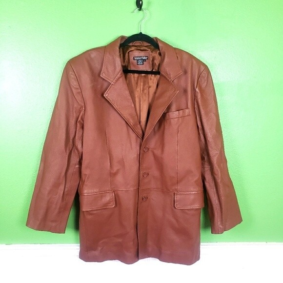 Men's Wintersilks Long Button Up Brown Leather Jacket Size Large - Picture 1 of 15